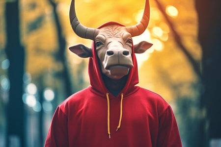 Chinese zodiac symbol of the year 2021. Bull in a red costume.の素材