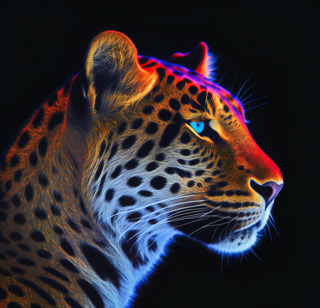Leopard on a black background with blue and red neon lights.の素材