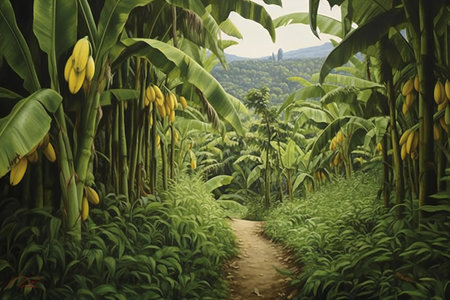 Digital painting of a banana plantation with a path leading to the horizonの素材