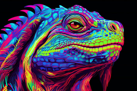 Colorful iguana on a black background. Psychedelic digital painting.の素材