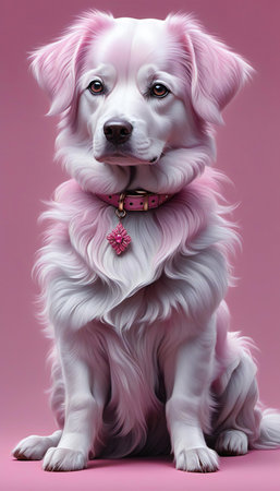Portrait of a beautiful white dog with pink collar on a pink backgroundの素材