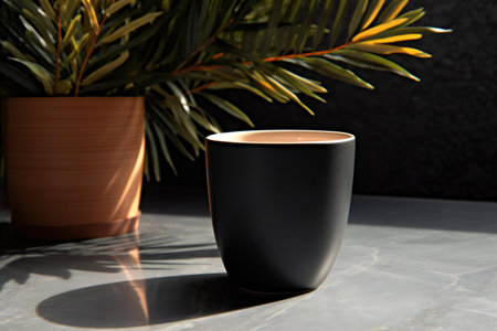 Black ceramic cup on a grey marble table with a green plant.の素材