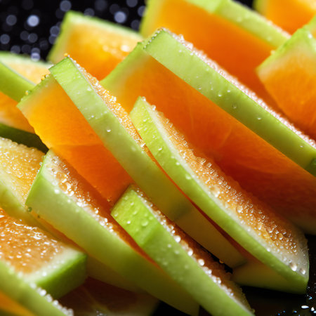 Close up of sliced melon and grapefruit on black background.の素材