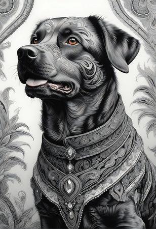 Digital painting of a black dog in the baroque style.の素材
