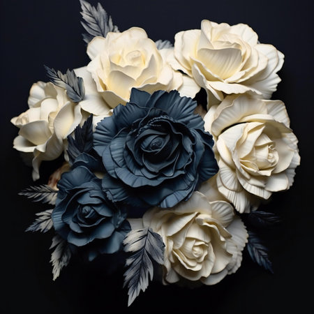 wedding bouquet of white and blue roses on black backgroundの素材