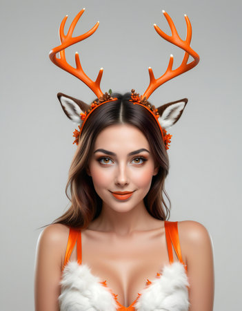 Portrait of beautiful young woman with reindeer antlers.の素材