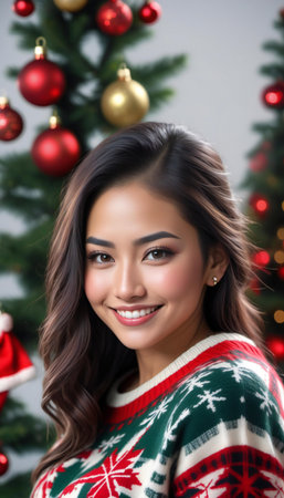 Portrait of a beautiful young asian woman in christmas decorationの素材