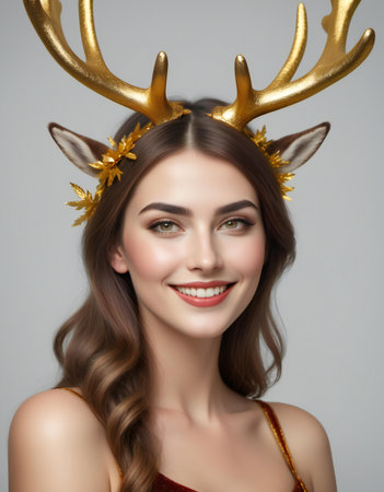 Portrait of a beautiful young woman with deer horns on her headの素材