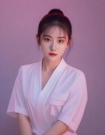 beautiful asian woman in white shirt on purple background, studio shotの素材