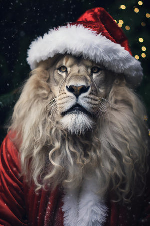 lion in a red coat with a red cap of Santa Clausの素材