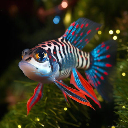Close-up of a colorful fish on a green Christmas tree.の素材