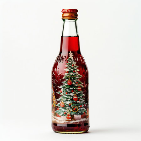 Christmas bottle of red wine with christmas tree on a white backgroundの素材