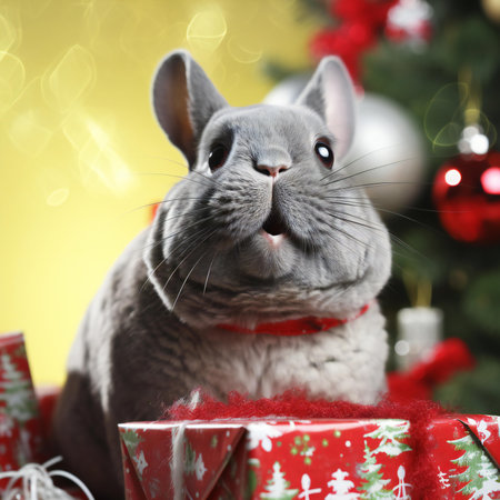 Cute rabbit with Christmas gifts on color background, close-upの素材