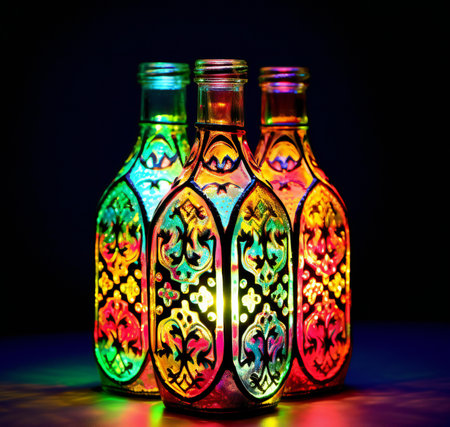 Colorful glass bottles on a black background. Retro style toned pictureの素材
