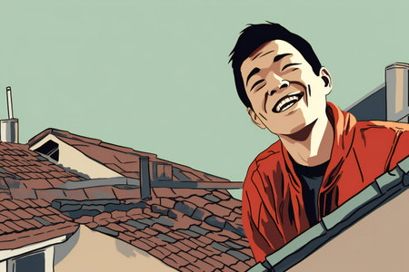 illustration of a man in a red shirt on the roof.の素材