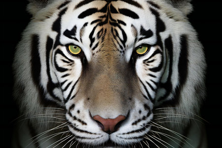Close up of a tiger's face in front of a black backgroundの素材