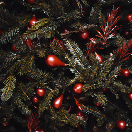 Christmas background with fir tree branches and red christmas baublesの素材
