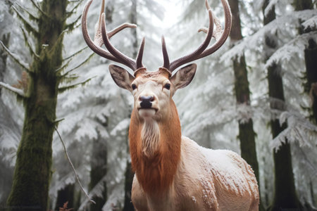 deer in the forest during the winter season with snow and fogの素材