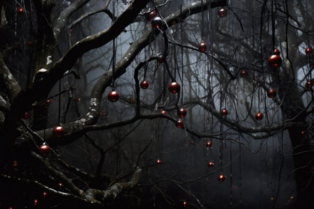 Red christmas balls on tree branches in dark foggy forest.の素材