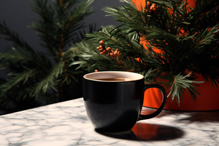 Cup of hot drink on white marble table near christmas treeの素材