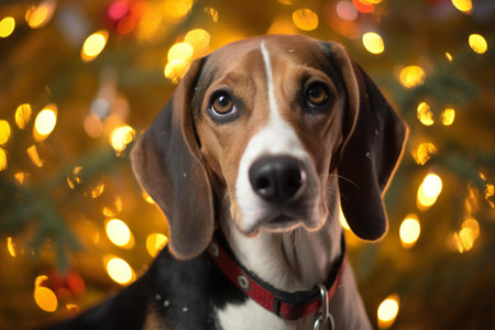 Portrait of a cute beagle dog on a background of Christmas lightsの素材