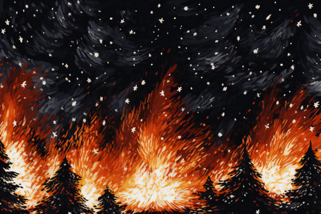Christmas and New Year background. Fire in the forestの素材