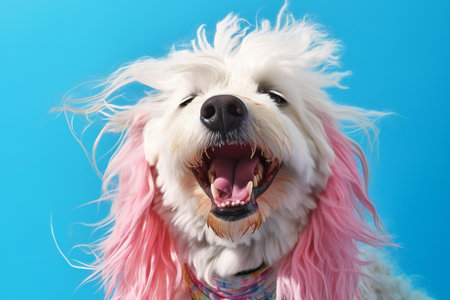Portrait of a white dog with pink hair on a blue backgroundの素材