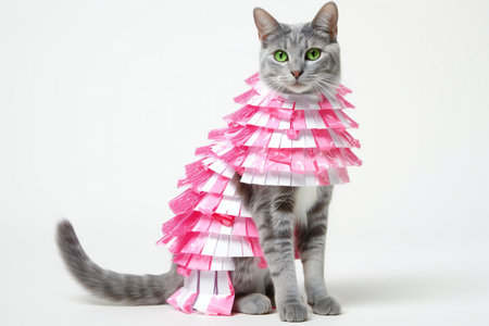Cute cat with pink paper christmas tree isolated on white backgroundの素材