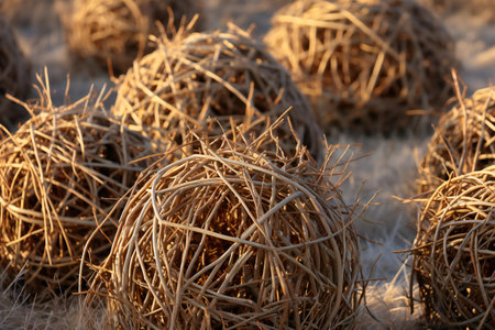 Reed on the field in winter. Close-up, selective focus.の素材