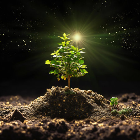 Young green plant growing from soil on dark background with sunbeamsの素材
