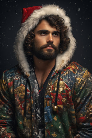 Portrait of a handsome young man in a fur coat and Santa Claus hat.の素材