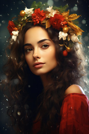 Beautiful young woman with christmas wreath on her head.の素材
