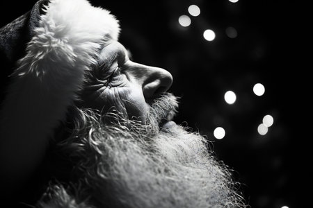 close-up portrait of a man with a long beard and mustache on the background of a Christmas treeの素材