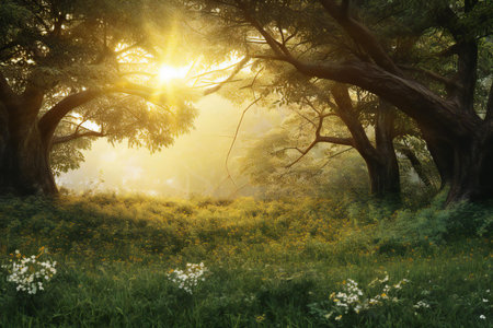 Beautiful sunset in the forest with sunbeams and lens flareの素材