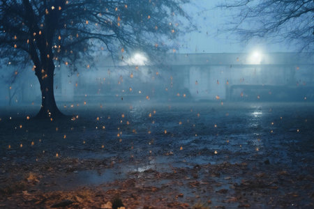 Foggy autumn park at night with falling leaves in the foregroundの素材