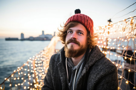 Handsome young man with beard and moustache in a knitted hat on the background of the sea at sunsetの素材