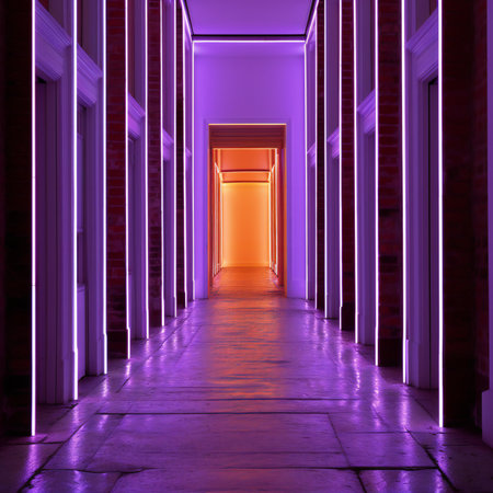 Illuminated corridor in a modern futuristic building.の素材