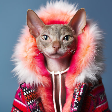 Beautiful cat in a fur coat on a blue background. Studio shot.の素材