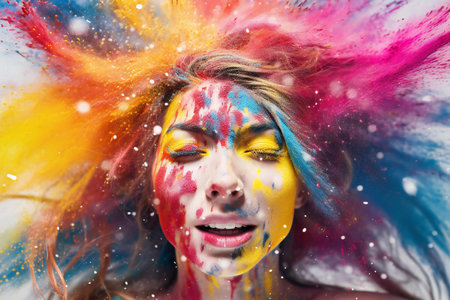 Portrait of a beautiful girl with bright make-up and multicolored hairの素材