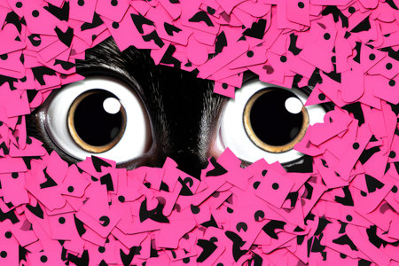 Funny black cat with pink eyes on a black background with pink stickersの素材