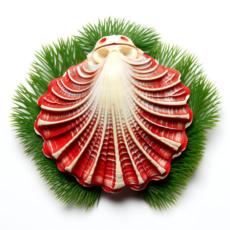 Christmas decoration with pine branches and seashell isolated on white background.の素材