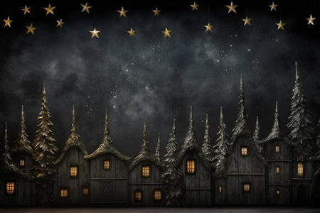 Illustration of a haunted house at night with christmas lights and starsの素材