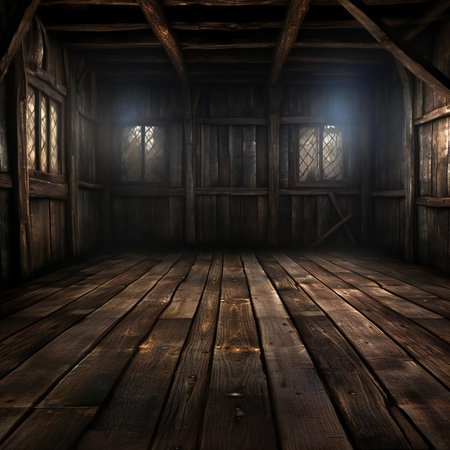 Dark room with wooden floor and old windowの素材