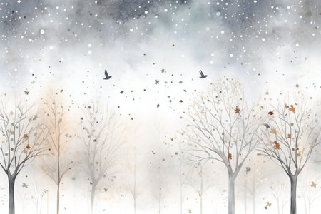 Winter landscape with trees and birds. Watercolor painting.の素材