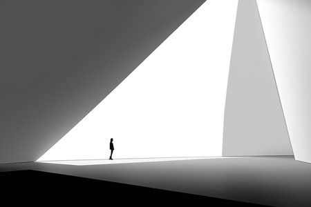 Silhouette of a woman standing in a white room.の素材