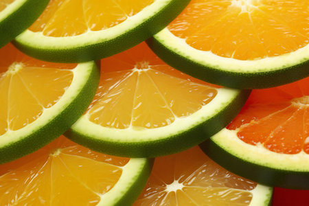 Slices of lime and orange as a background, close upの素材