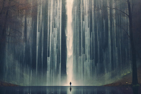Man standing in front of waterfall in foggy forest. Halloween conceptの素材