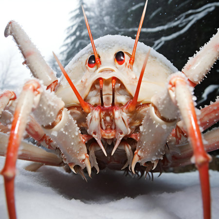 Close up of a giant spiny lobster on ice in winter.の素材
