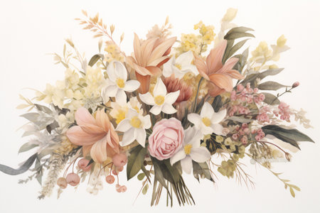 Beautiful bouquet of flowers on white background, vintage style.の素材