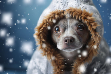 Cute chihuahua dog in warm clothes on winter backgroundの素材